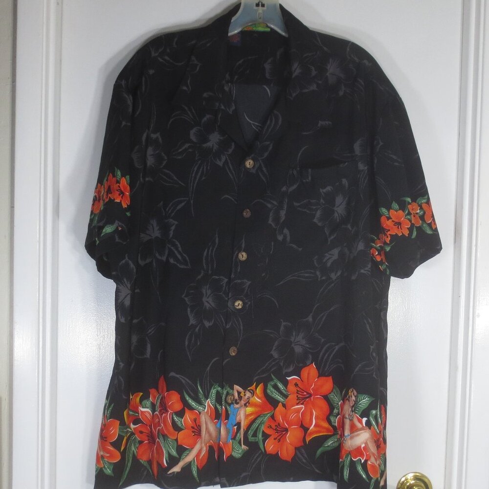 Roundy Bay Shirt Black Hawaiian Pin Up Button Up Short Sleeve Comfy Men Size XL